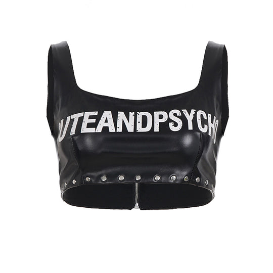 Damen Leder-Crop-Top mit auffälligem Schriftzug und Nietenverzierung EB