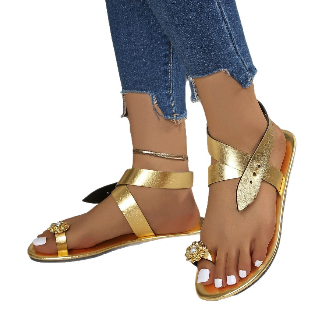 Damen Elegante Riemchen-Sandalen mit funkelnder Blütenapplikation EB