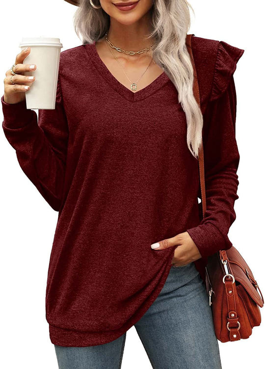 Damen V-Ausschnitt Langarmshirt mit Rüschendetails und lockerem Schnitt EB