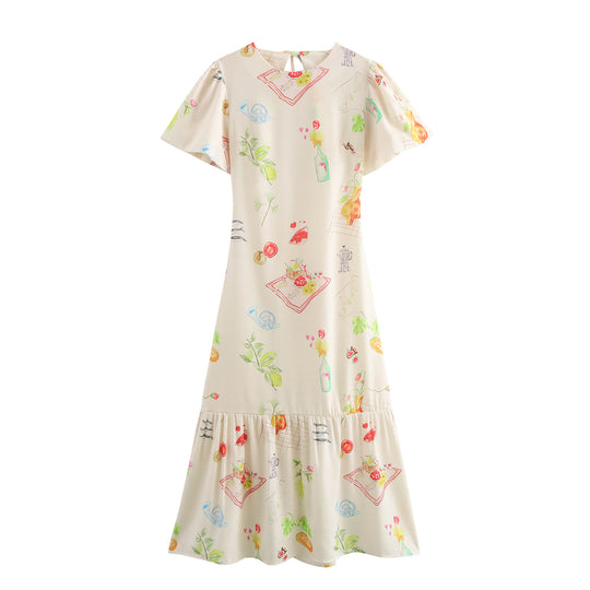 Damen Maxikleid mit buntem Musterdruck und fließendem Volant EB