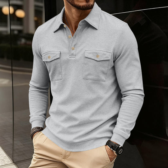 Herren nan figurbetontes Langarm-Poloshirt mit Hemdkragen und aufgesetzten Brustklappen EB