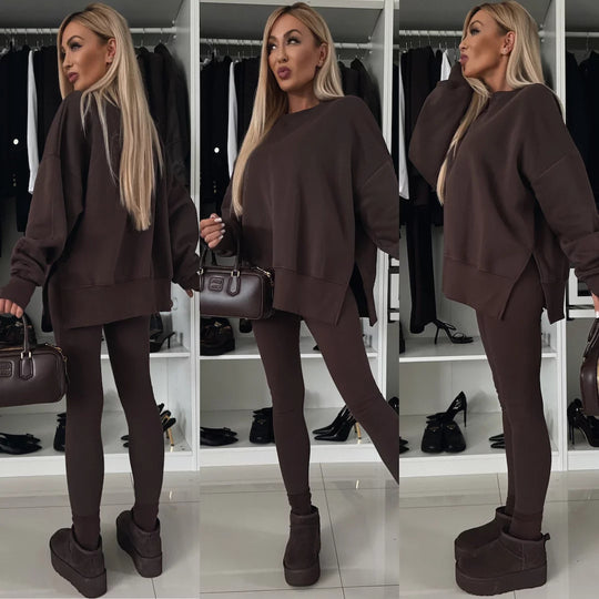 Damen nan Oversize Sweatshirt mit taillierten Rib-Leggings Set EB
