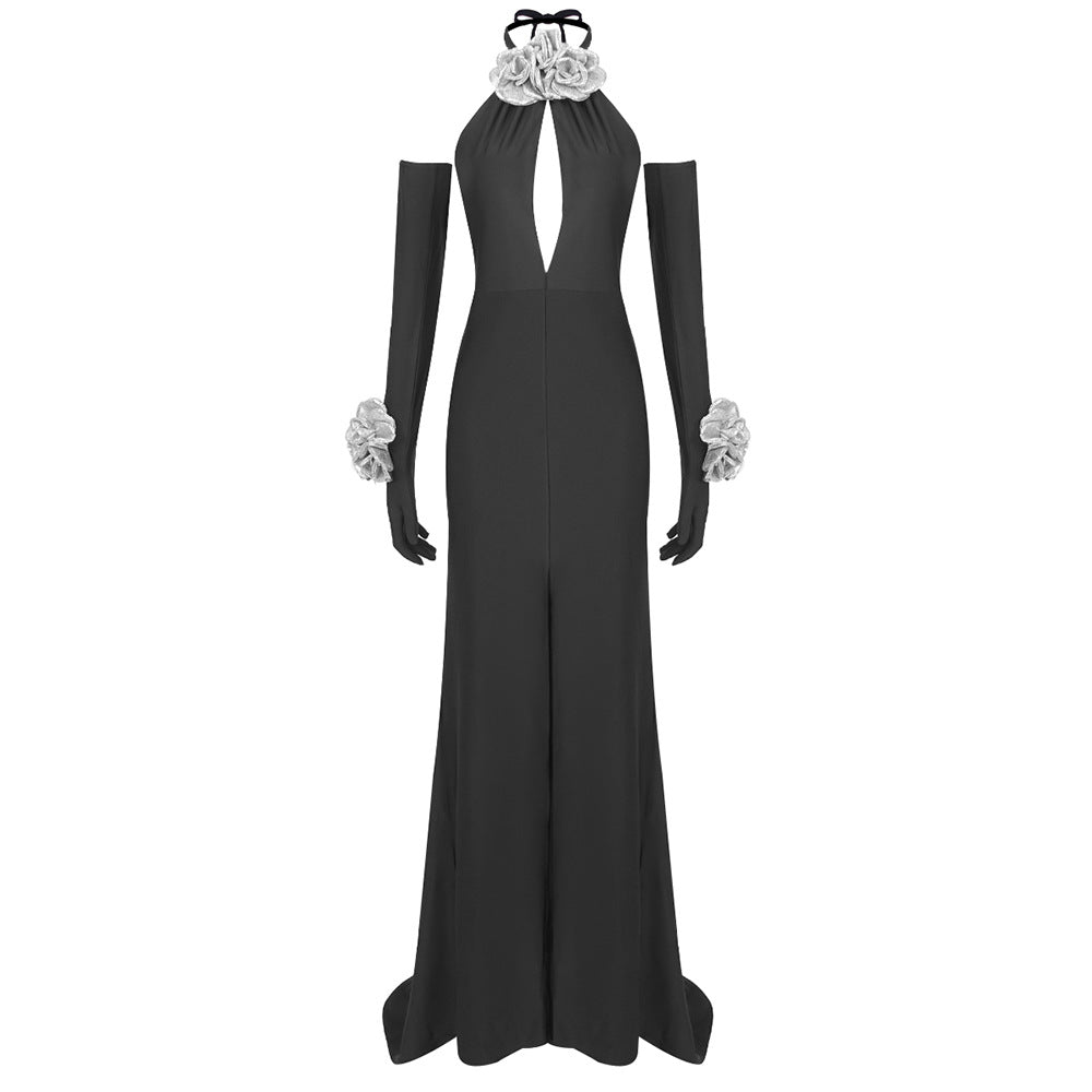 Damen Elegantes Jumpsuit mit floralen Akzenten und tiefem V-Ausschnitt EB