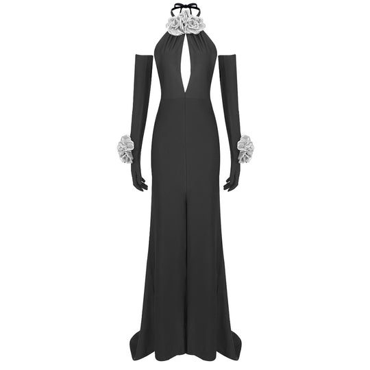 Damen Elegantes Jumpsuit mit floralen Akzenten und tiefem V-Ausschnitt EB