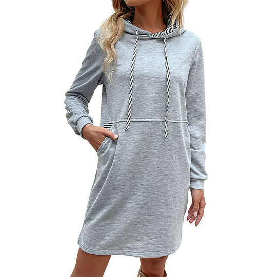 Damen lässiges Kapuzenkleid mit Kängurutasche und Kontrastdetails EB