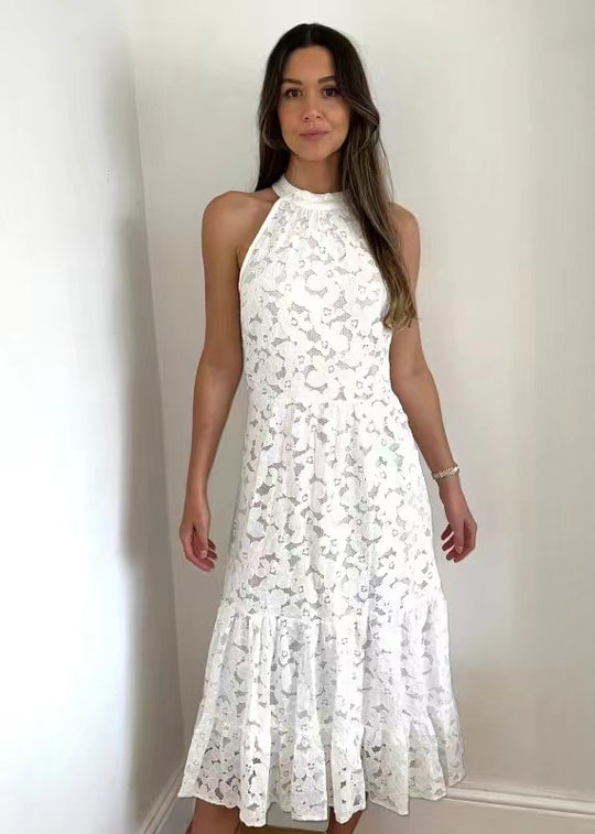 Damen Midikleid mit floralen Spitzenapplikationen und weichem Rock EB
