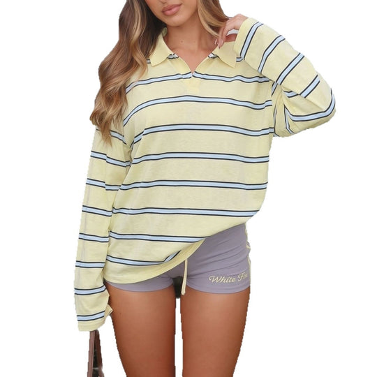 Damen Oversize-Poloshirt im Streifenlook mit langen Ärmeln EB