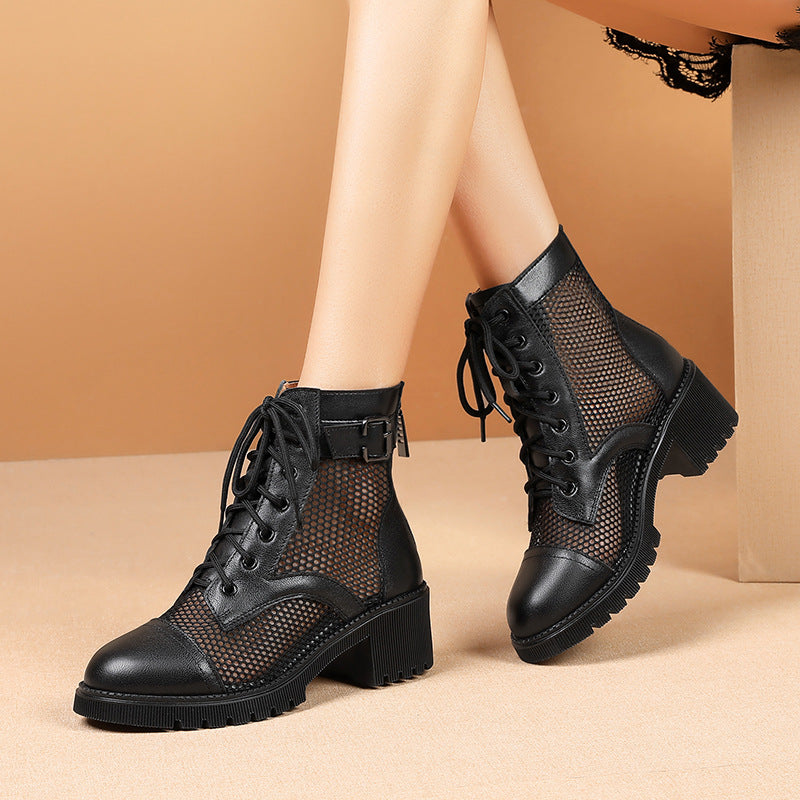 Damen modische Schnürstiefeletten mit modernem Netzdesign und robustem Blockabsatz EB