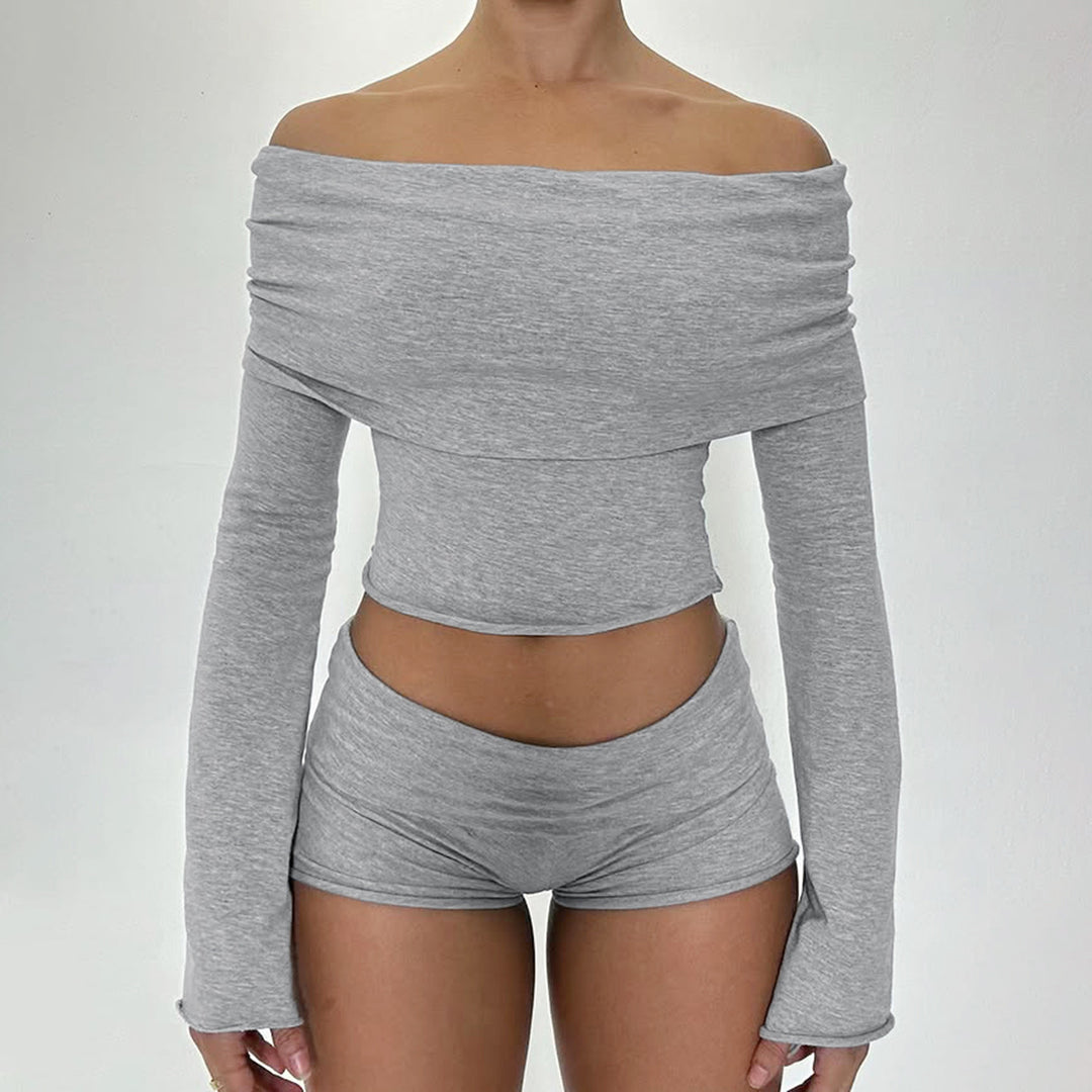 Damen nan Off-Shoulder Lounge-Set mit Langarm-Croptop und Highwaist-Shorts aus Stretchjersey EB