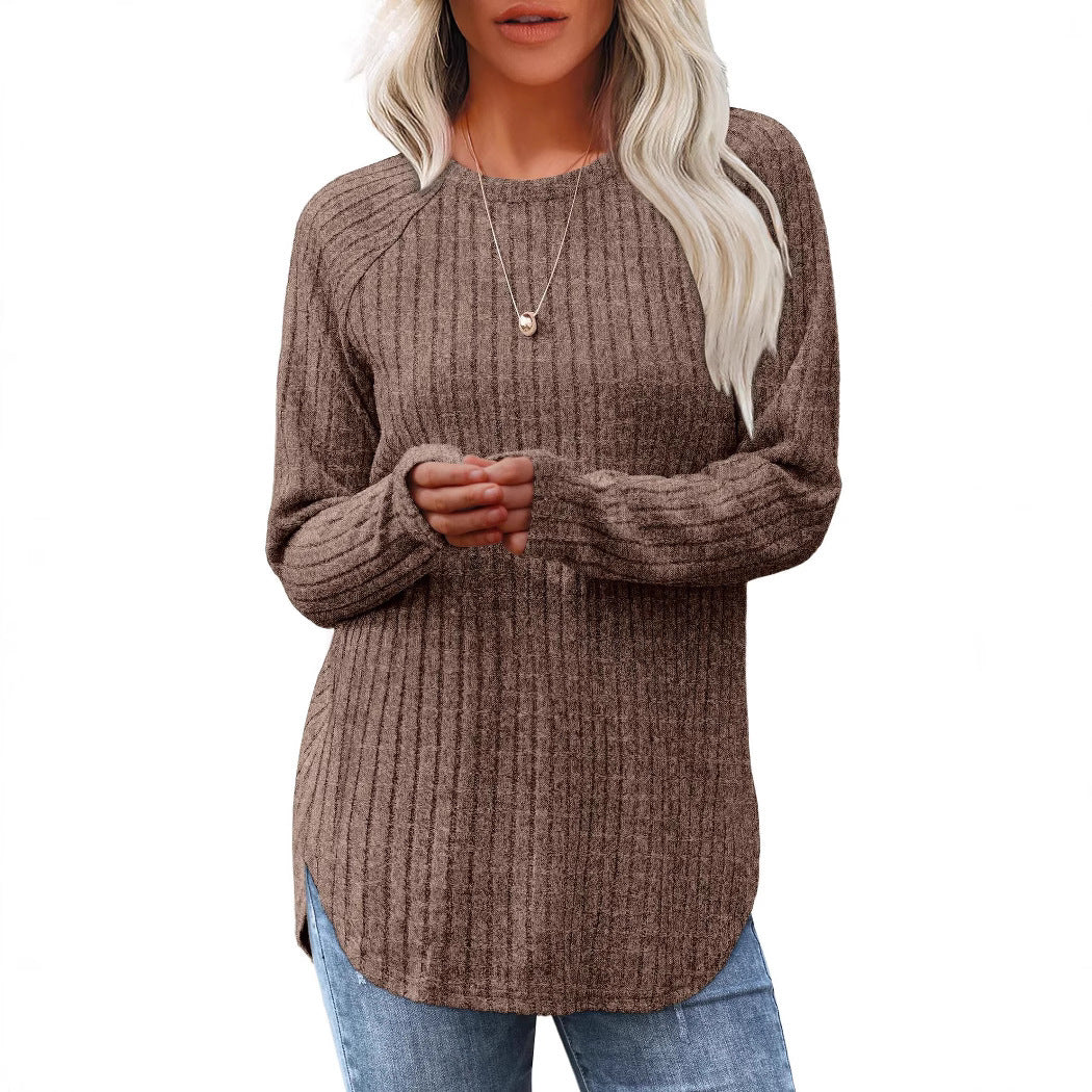 Damen lässiges Rippenstrickshirt mit langem Arm und Seitenschlitzen EB