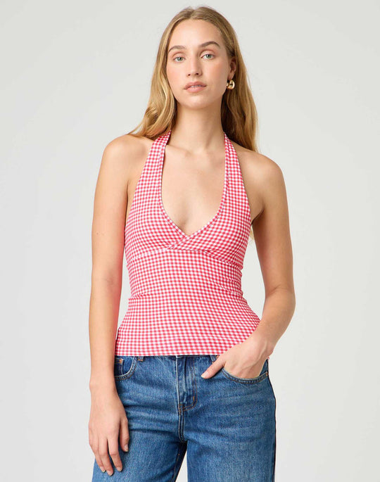 Damen Halter-Top mit Punktmuster und V-Ausschnitt EB