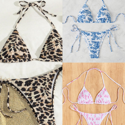 Damen Triangel-Bikini mit verspieltem Leo-Design und verstellbaren Bändern EB