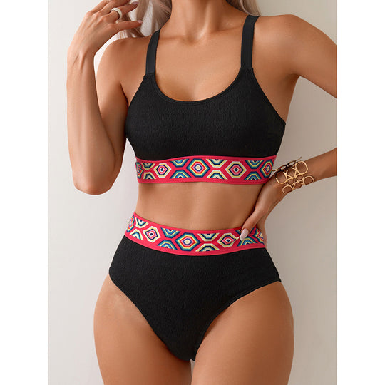 Damen Sportlicher Hochtaillen-Bikini mit buntem elastischen Bund EB