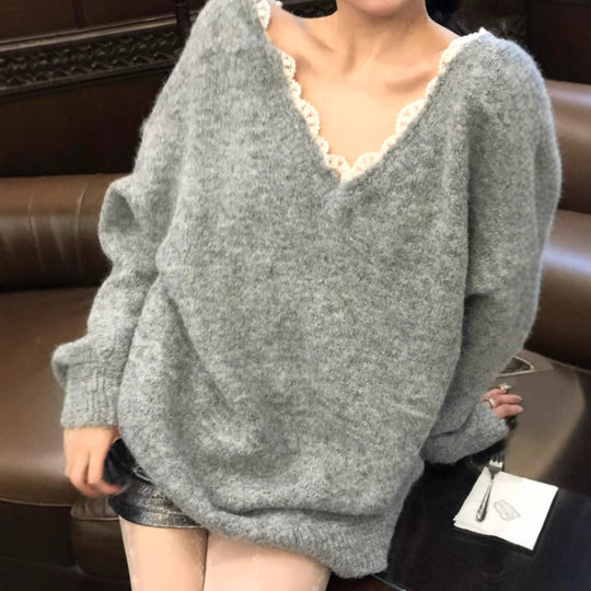 Damen Oversized Strickpullover mit V-Ausschnitt und zartem Spitzenrand EB