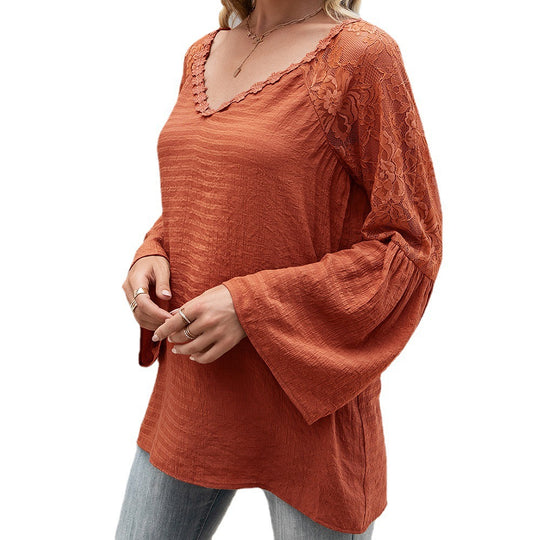 Damen Bluse mit transparenten Spitzenärmeln und modischem V-Ausschnitt EB