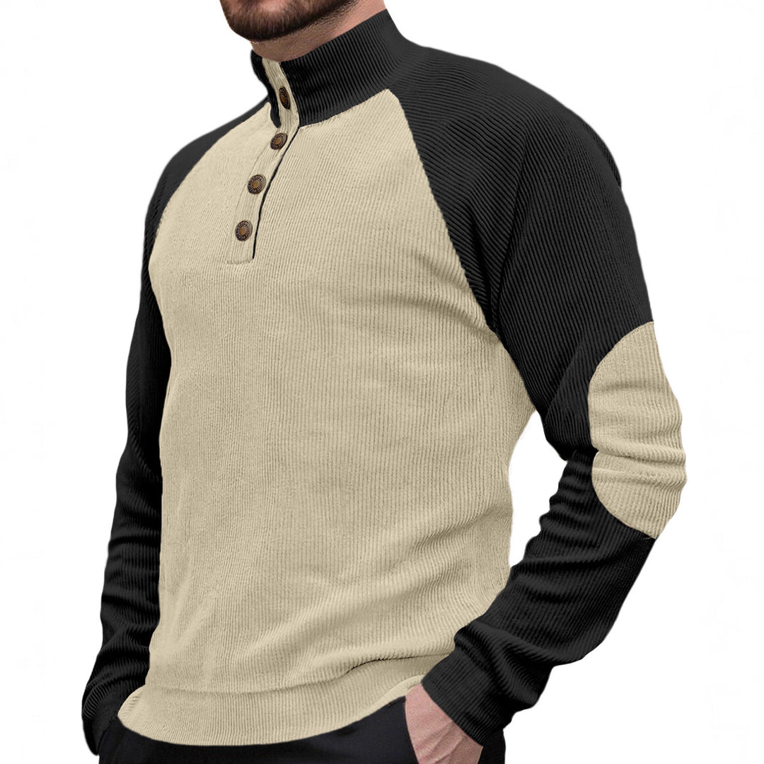 Herren nan zweifarbiger Ripptroyer mit asymmetrischer Knopfleiste und Velours-Ellbogenpatch EB