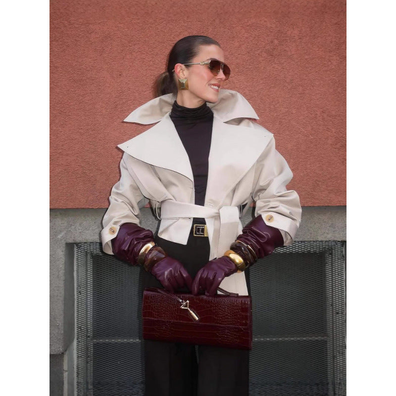 Damen modische Trenchjacke mit breitem Kragen und Taillengürtel EB