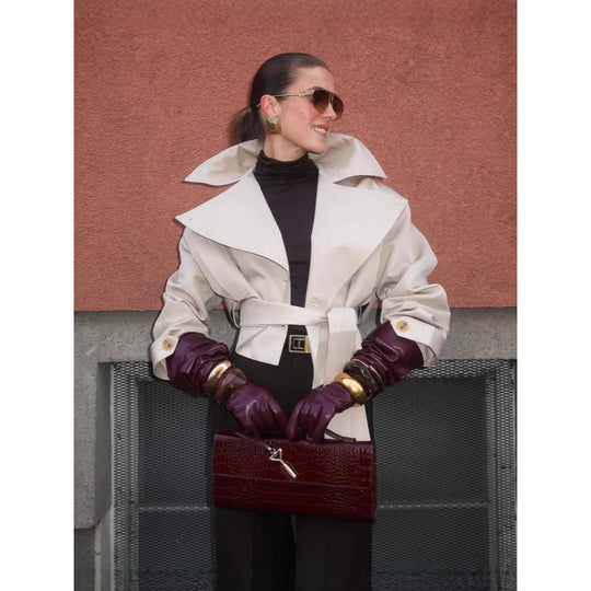 Damen modische Trenchjacke mit breitem Kragen und Taillengürtel EB