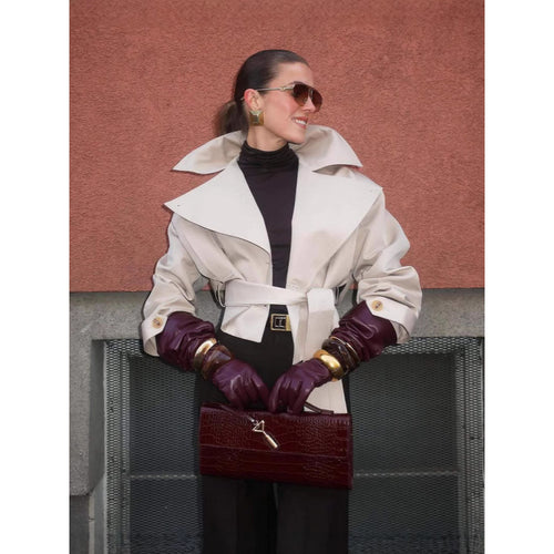 Damen modische Trenchjacke mit breitem Kragen und Taillengürtel EB