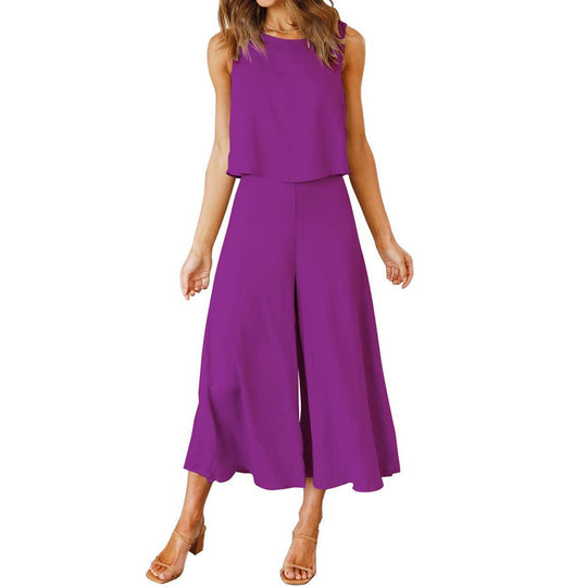 Damen Luftiger Jumpsuit mit Schwingendem Bein und Ärmellosem Design EB