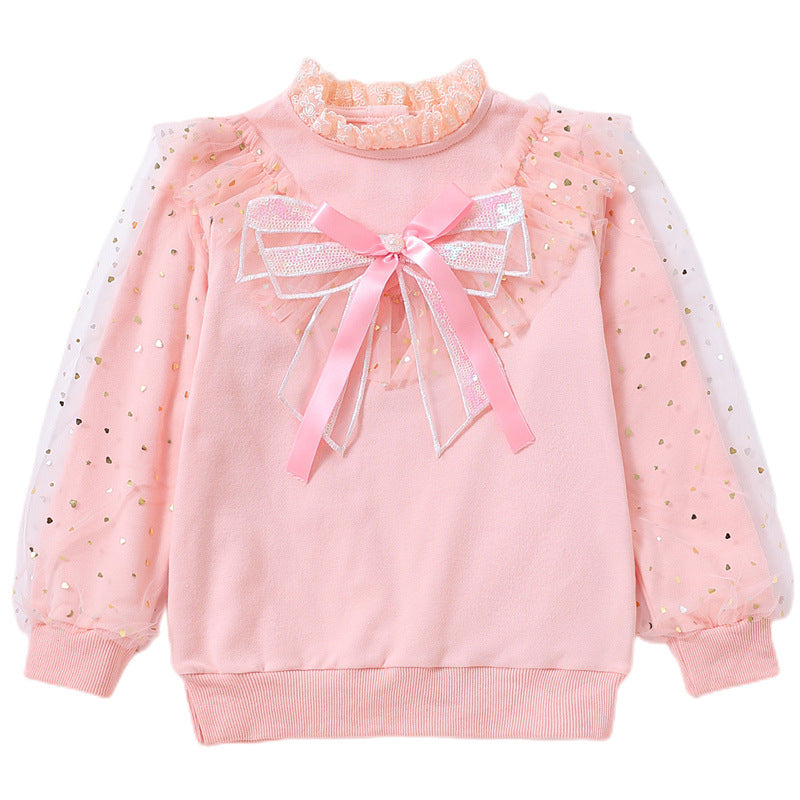 Mädchen modisches Sweatshirt mit dekorativen Tüllärmeln und Schleifendetails EB