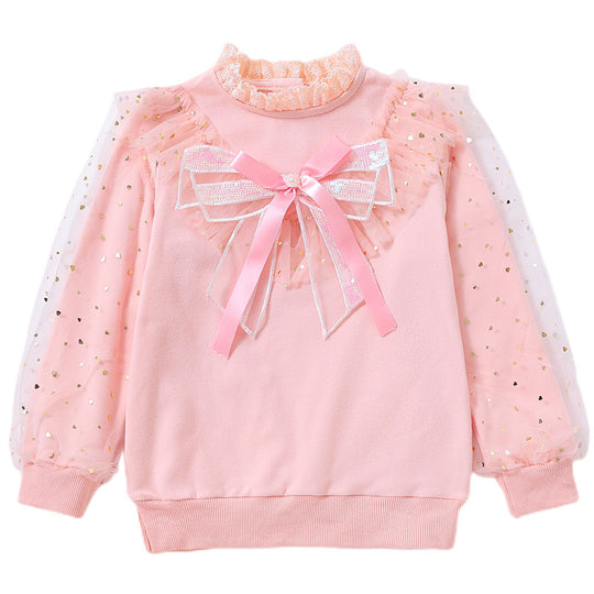 Mädchen modisches Sweatshirt mit dekorativen Tüllärmeln und Schleifendetails EB