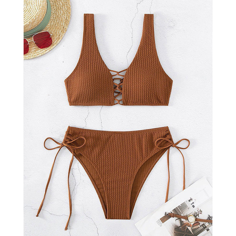 Damen Bikiniset mit raffiniertem Bindedesign und hochgeschnittenem Unterteil EB