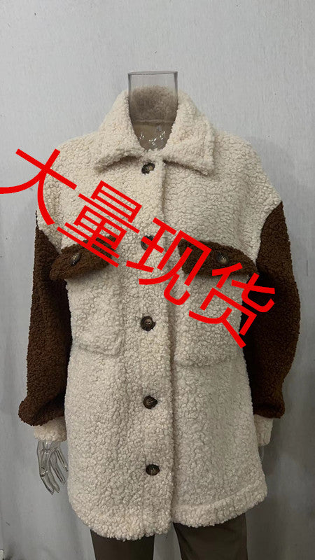 Damen nan oversized Teddy-Hemdjacke mit Kontraststreifen, aufgesetzten Brusttaschen und sichtbarer Knopfleiste EB