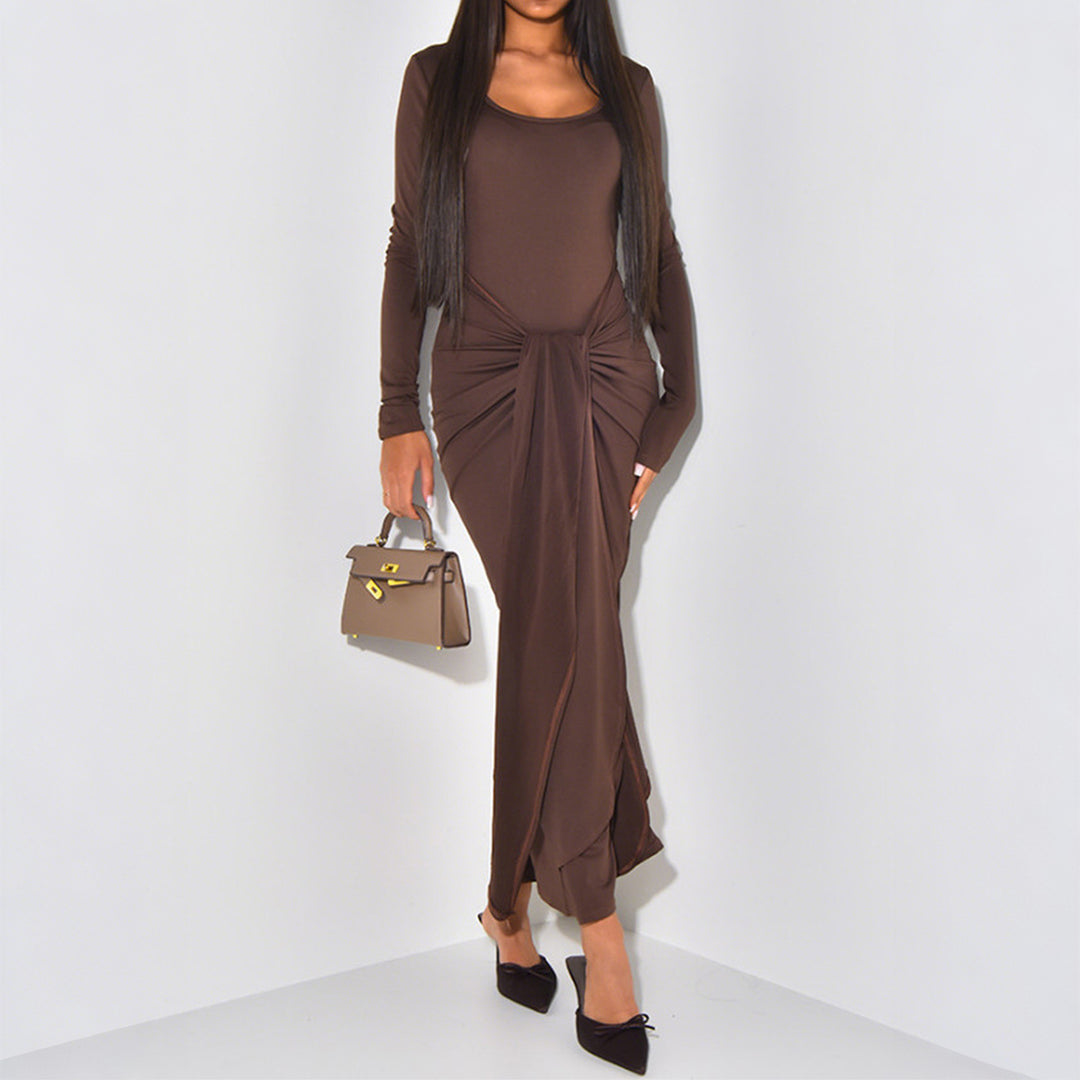 Damen nan gerafftes Maxikleid mit Knotenfront, figurbetonter Silhouette und seitlichem Schlitz EB
