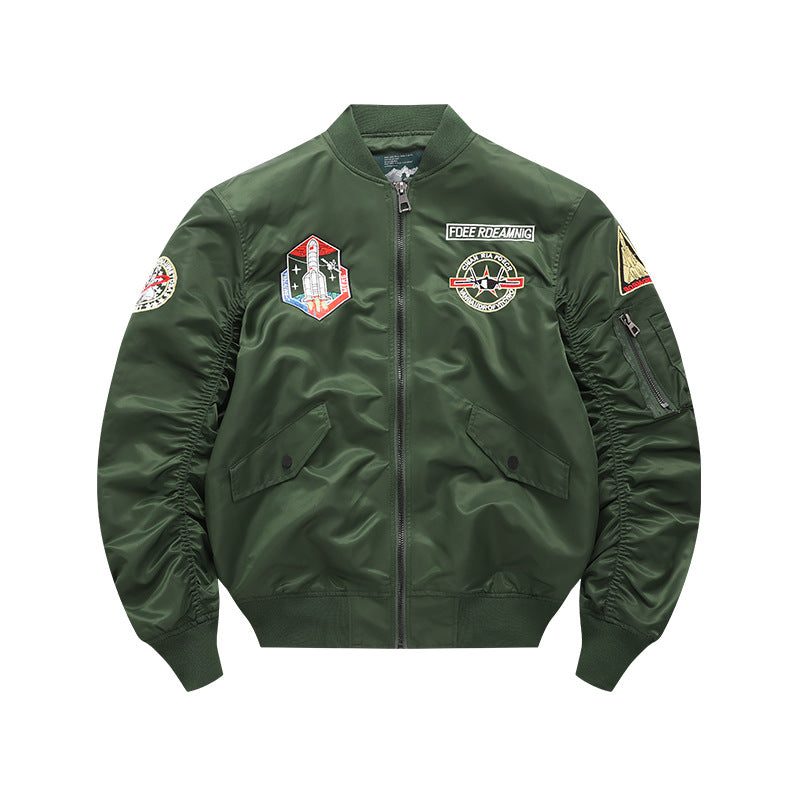 Men's  vintage-inspired mission patch flight bomber with utility sleeve pocket EB