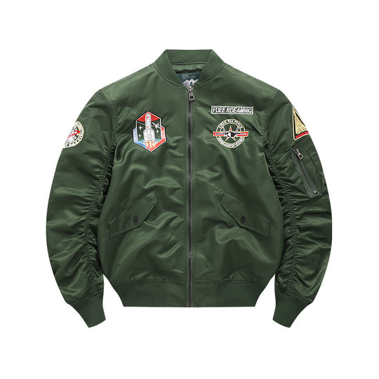 Men's  vintage-inspired mission patch flight bomber with utility sleeve pocket EB