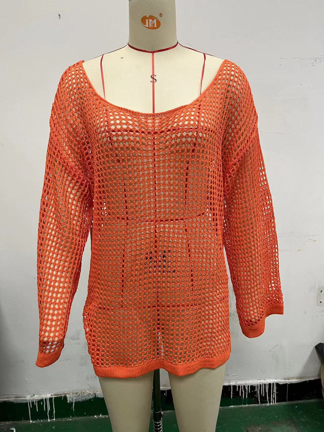 Damen lässiger Netzpullover mit weitem Schnitt und U-Boot-Ausschnitt EB