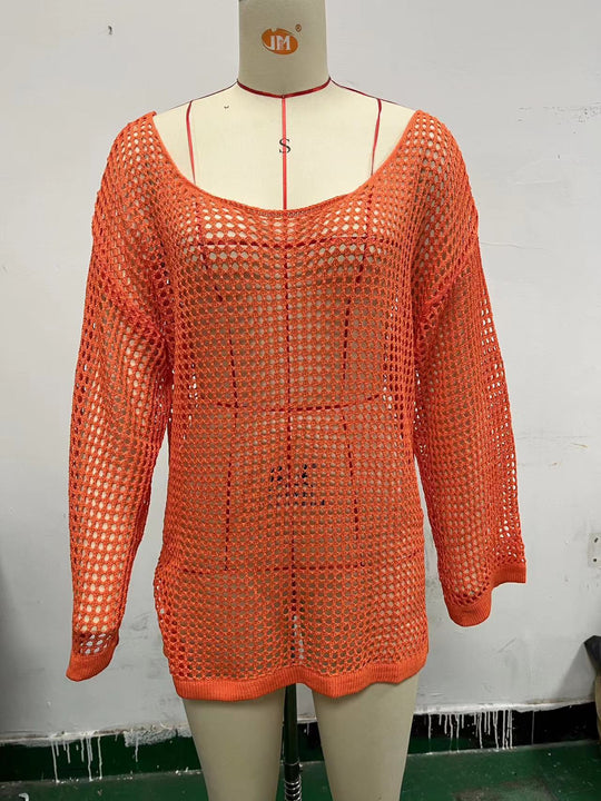 Damen lässiger Netzpullover mit weitem Schnitt und U-Boot-Ausschnitt EB