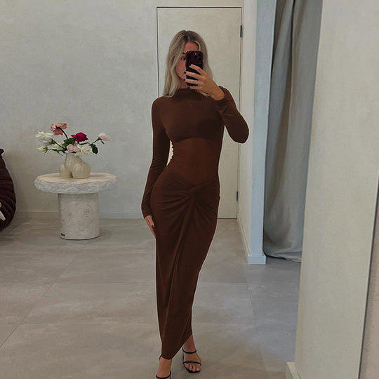 Damen elegantes Maxikleid mit einzigartigem Wickel-Design und langen Ärmeln EB