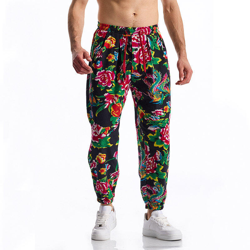 Herren lässige Haremshose mit buntem Blumenmuster und Gummizug EB