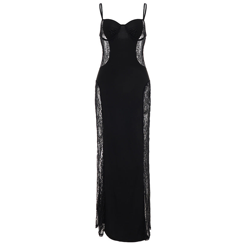 Damen Spitzen-Midi-Kleid mit transparenter Seitenpartie und verführerischem Design EB