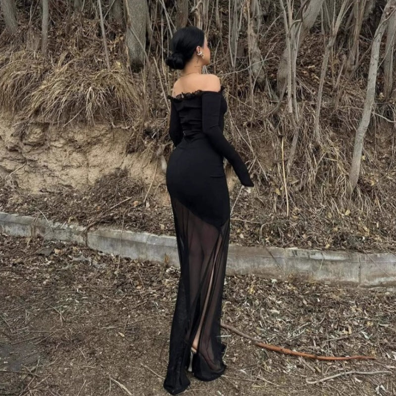 Damen figurbetontes Maxikleid mit Off-Shoulder Design und transparentem Rock EB