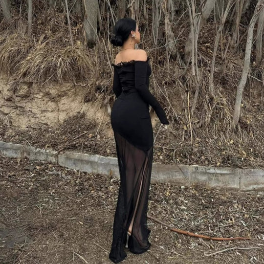 Damen figurbetontes Maxikleid mit Off-Shoulder Design und transparentem Rock EB