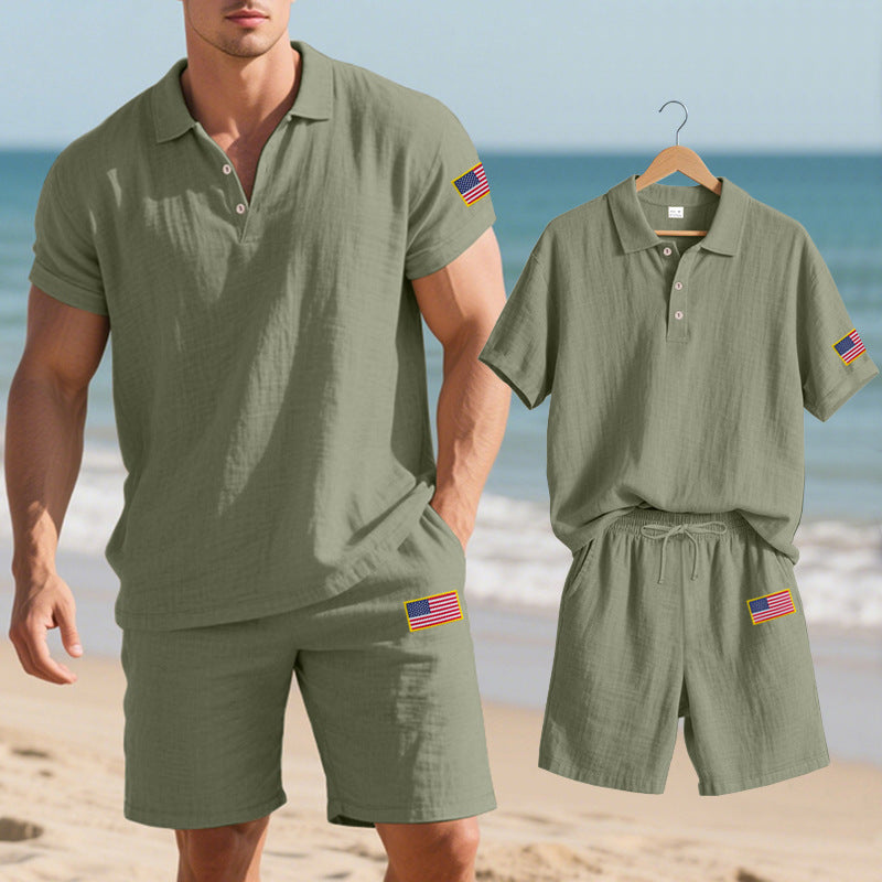 Herren Polo- und Shorts-Set mit gesticktem Länderflaggen-Motiv EB