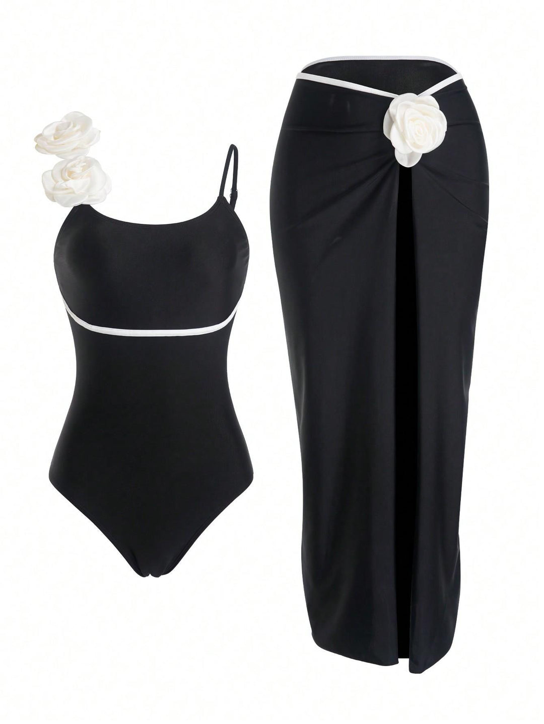 Damen Einteiler Badeanzug mit elegantem Rock und verspielten Blütendetails EB