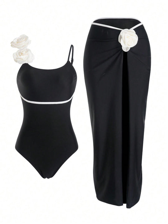 Damen Einteiler Badeanzug mit elegantem Rock und verspielten Blütendetails EB