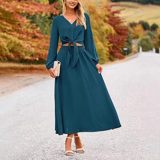 Damen Binde-Kleid mit langen Ärmeln und Rundhalsausschnitt EB