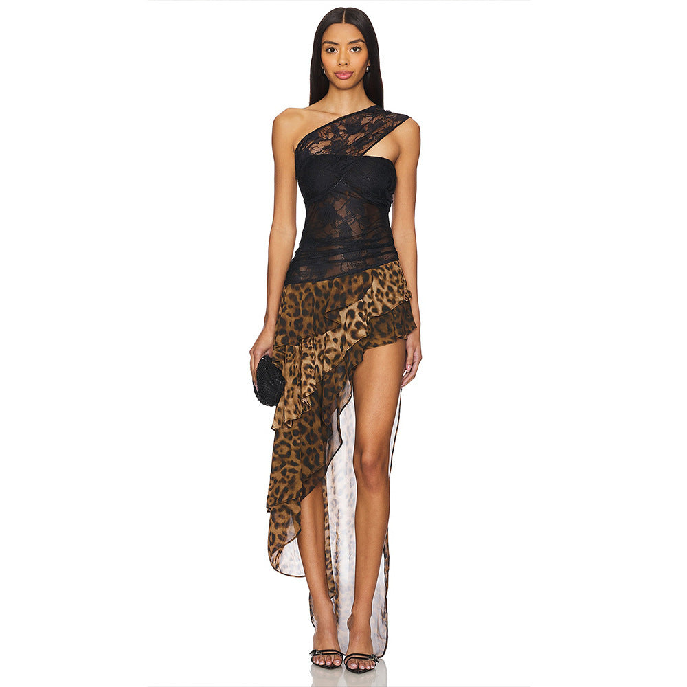 Damen Elegantes Spitzentop mit hohem Schlitz und Leopardenrock EB