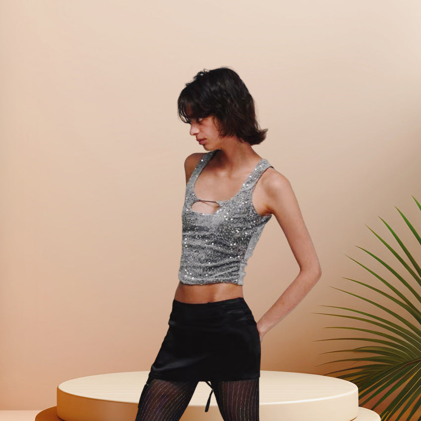Damen Glitzerndes Crop-Top mit schimmerndem Effekt und scoop-cut Ausschnitt EB