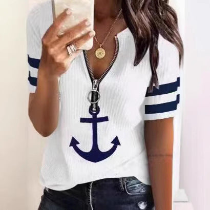 Damen Sportliches T-Shirt mit Reißverschluss und maritimen Motiven EB