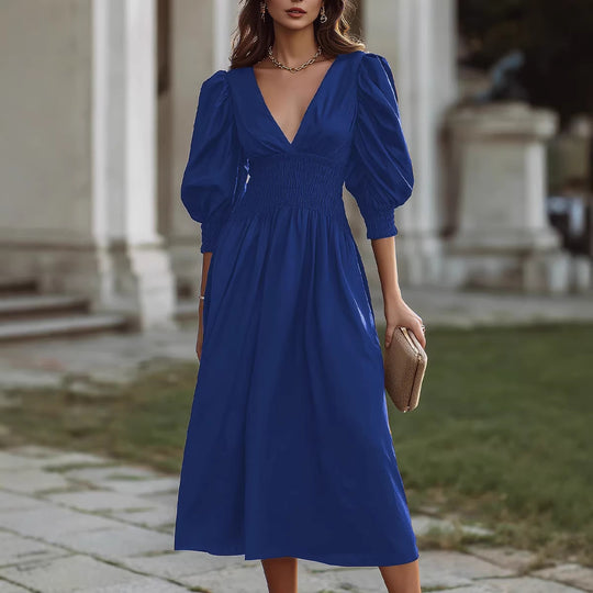 Damen Maxikleid mit schmaler Taille und Puffärmeln EB