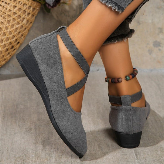 Damen elegante Wedge-Pantoletten mit überkreuzten Riemen und komfortablem Fußbett EB