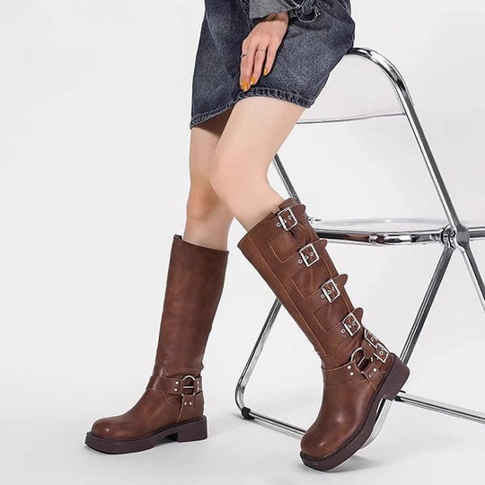 Damen Stiefel mit modischen Schnallen und robustem Blockabsatz EB