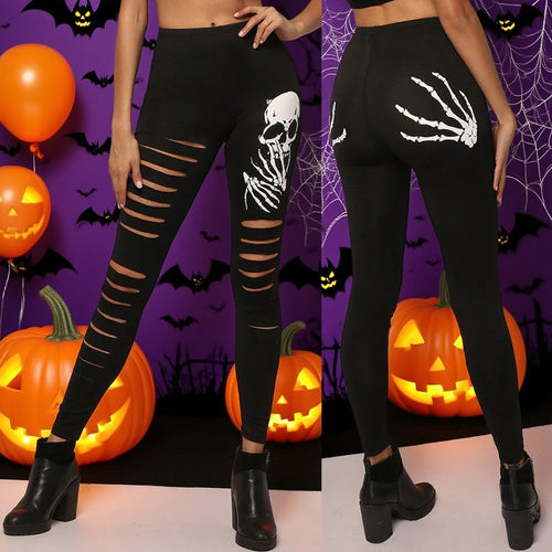 Damen Leggings mit kreativen Cut-Outs und Totenkopf-Design EB