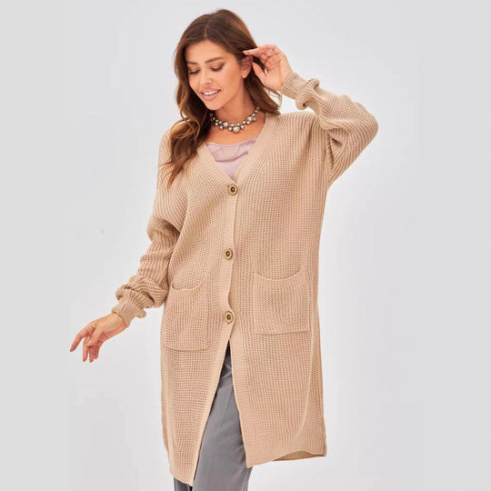 Damen Grobstrick-Cardigan mit schlichten Holzknöpfen und praktischen Taschen EB
